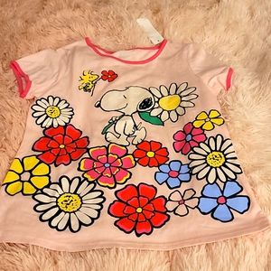 Snoopy girls shirt, pink,yellow,redwith blue flowers.